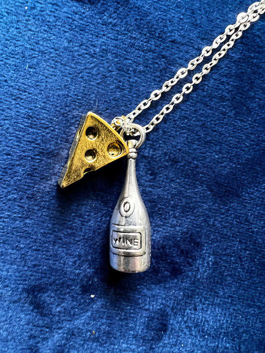 Wine Bottle and Cheese Charm Necklace