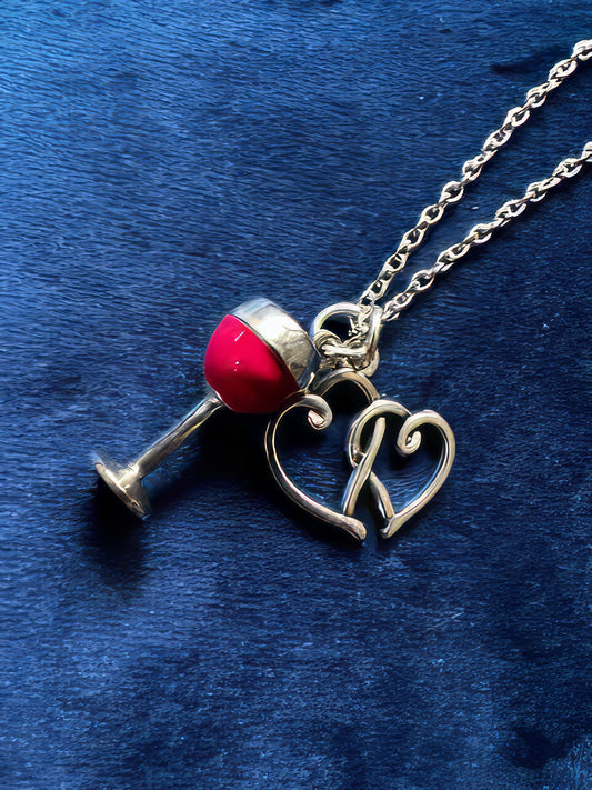 Wine Glass and Love Heart Charm Pendant Necklace