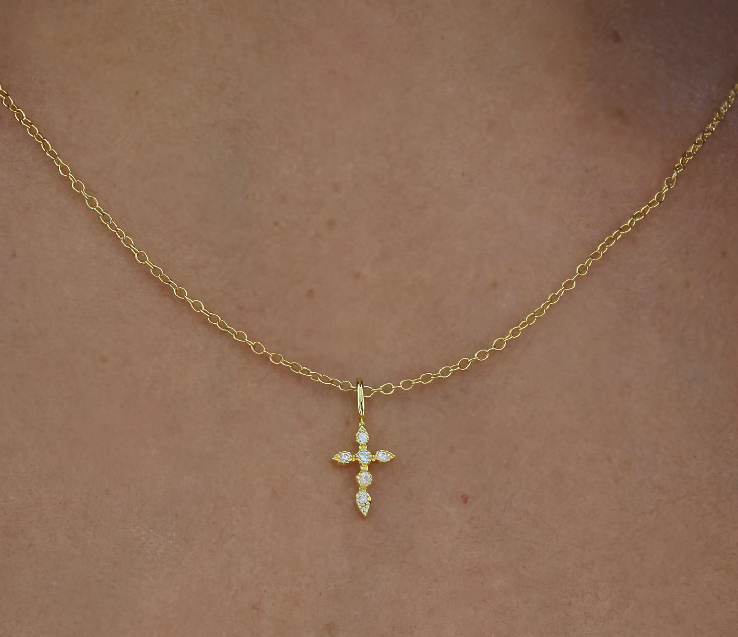 925 Sterling Silver Crystal Cross Collar Chain Necklace in Gold