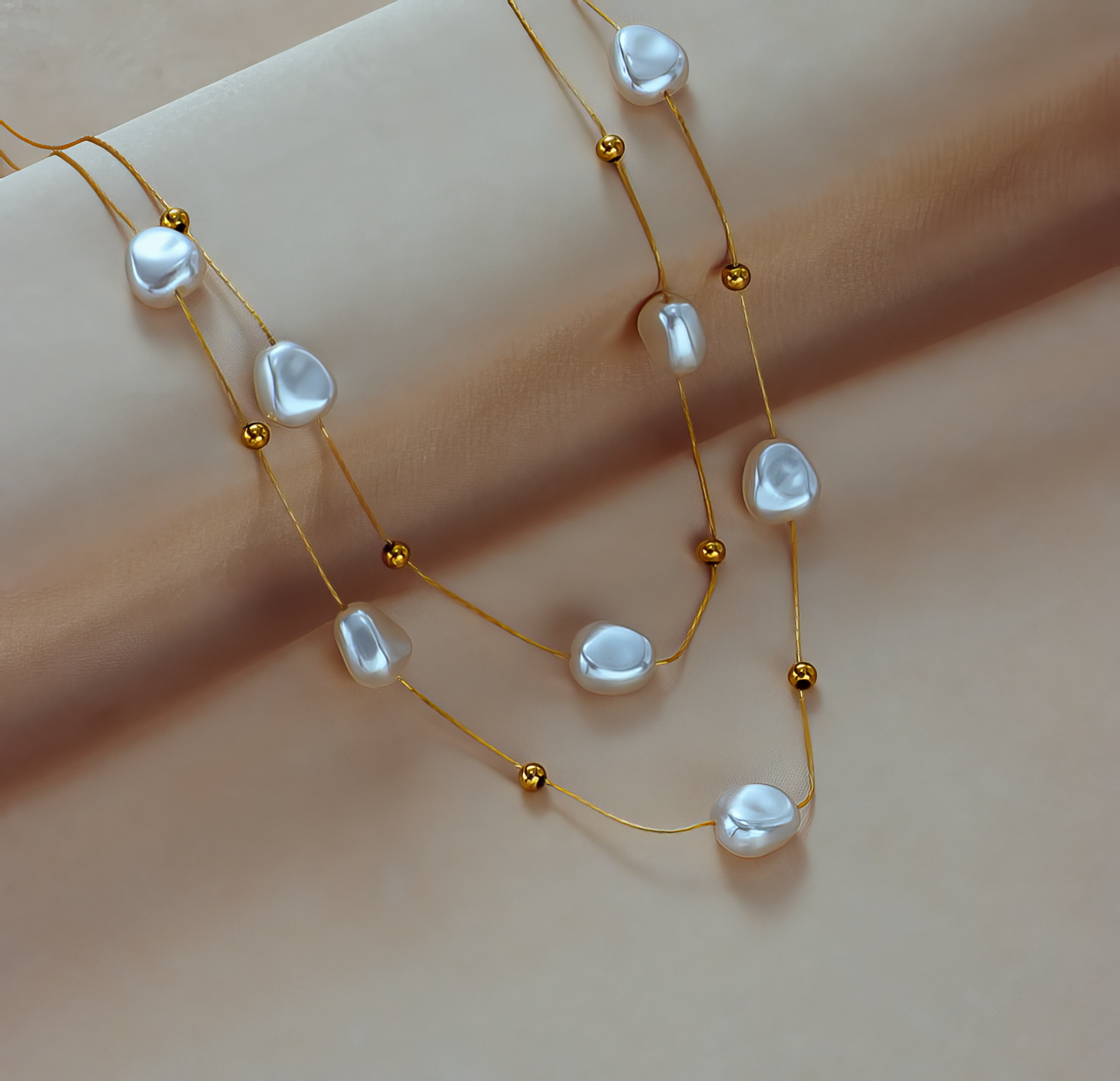18Kt Gold Large Fresh Water Pearl Double Strand Necklace