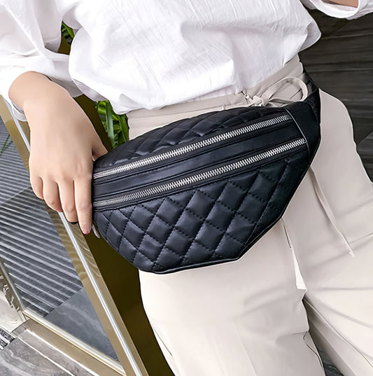 Luxury Plaid Leather Designer Waist Bag Fanny Pack in Black