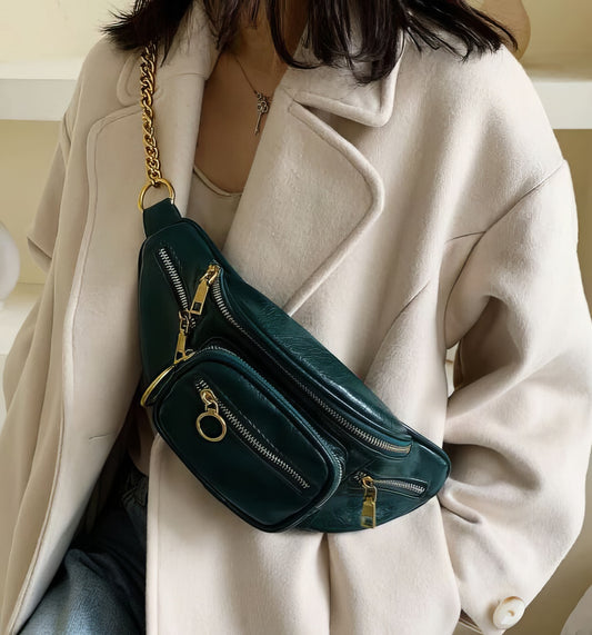 Luxury Leather Designer Shoulder Bag in Deep Green
