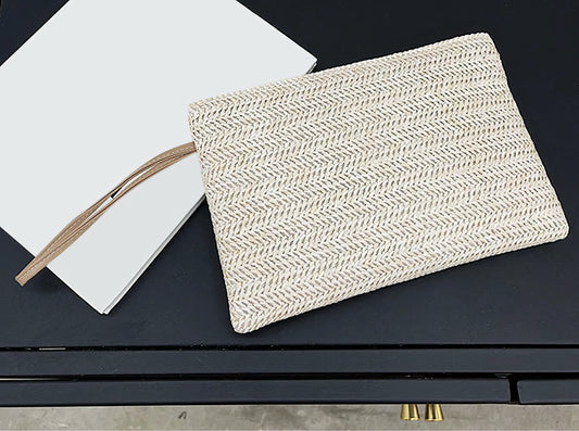Woven Straw Clutch Wristlet Bag with Leather Handle in Cream