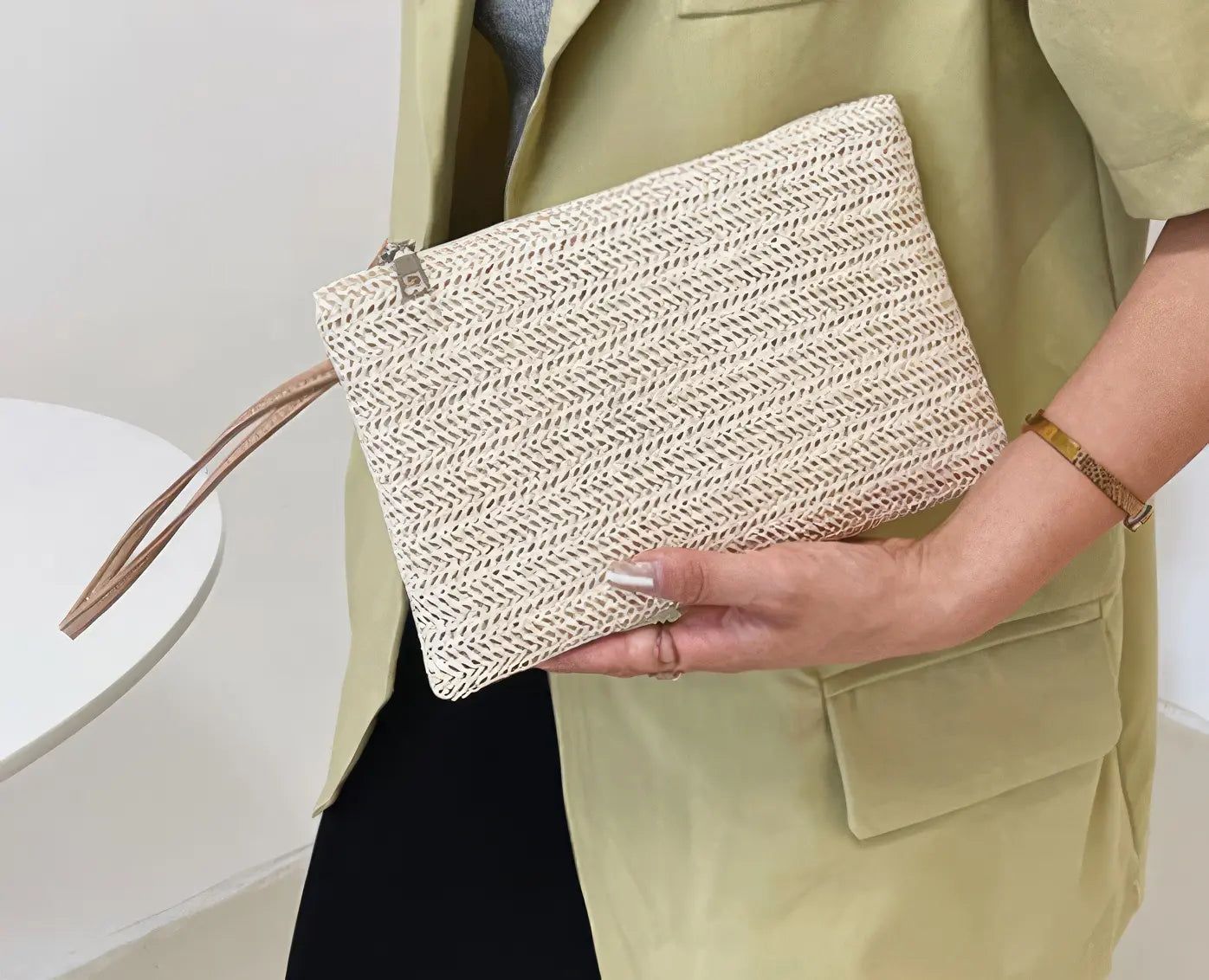 Woven Straw Clutch Wristlet Bag with Leather Handle in Cream