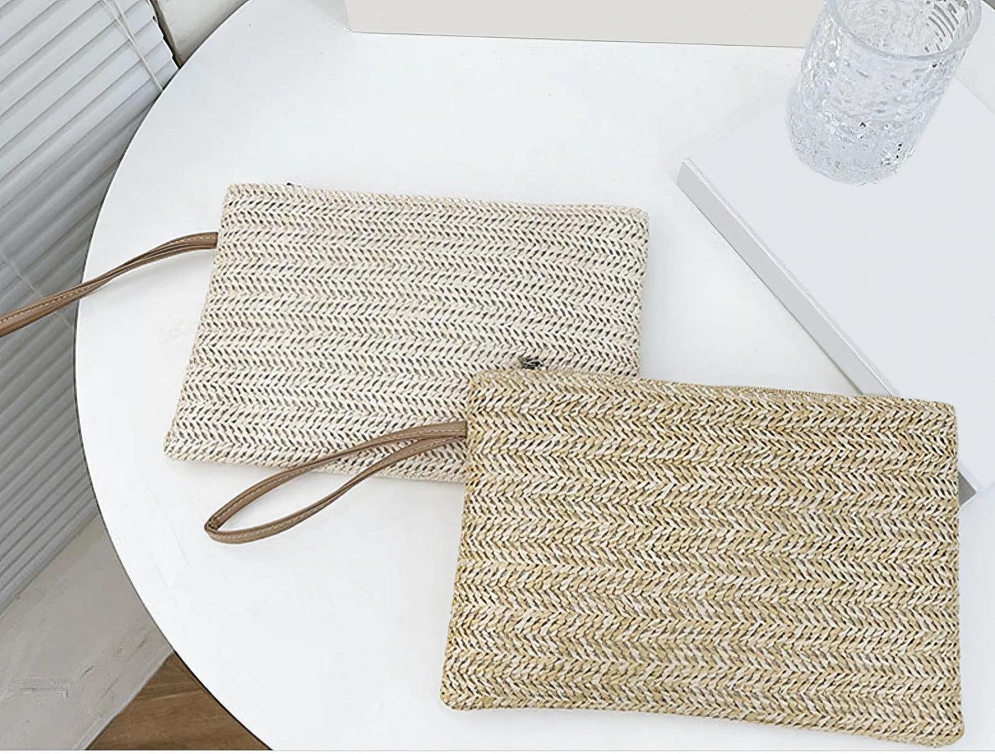 Woven Straw Clutch Wristlet Bag with Leather Handle in Brown Sugar