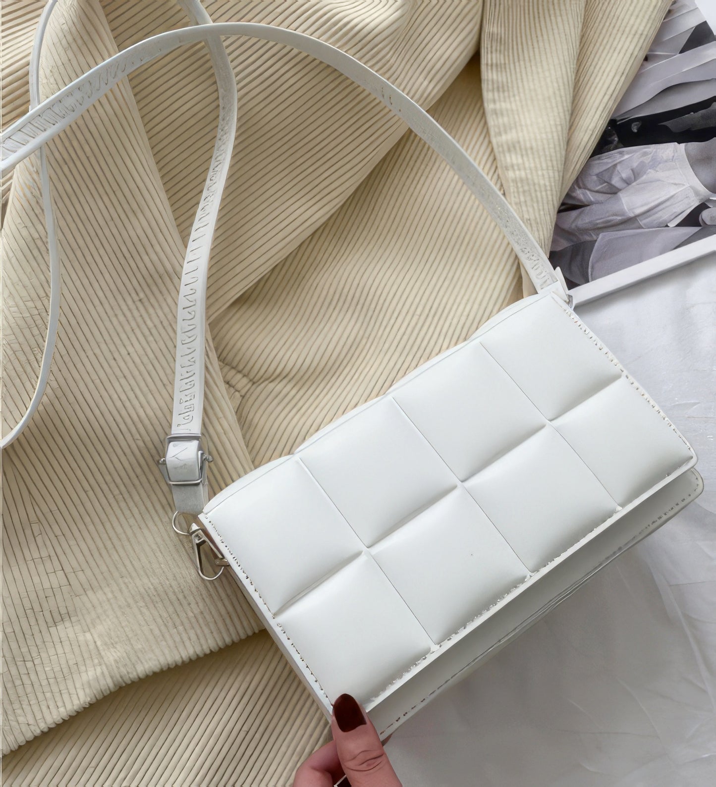 Exquisite Pleated Padded Shoulder Cross-Body Flip Snap Closure Bag with Leather Strap in White