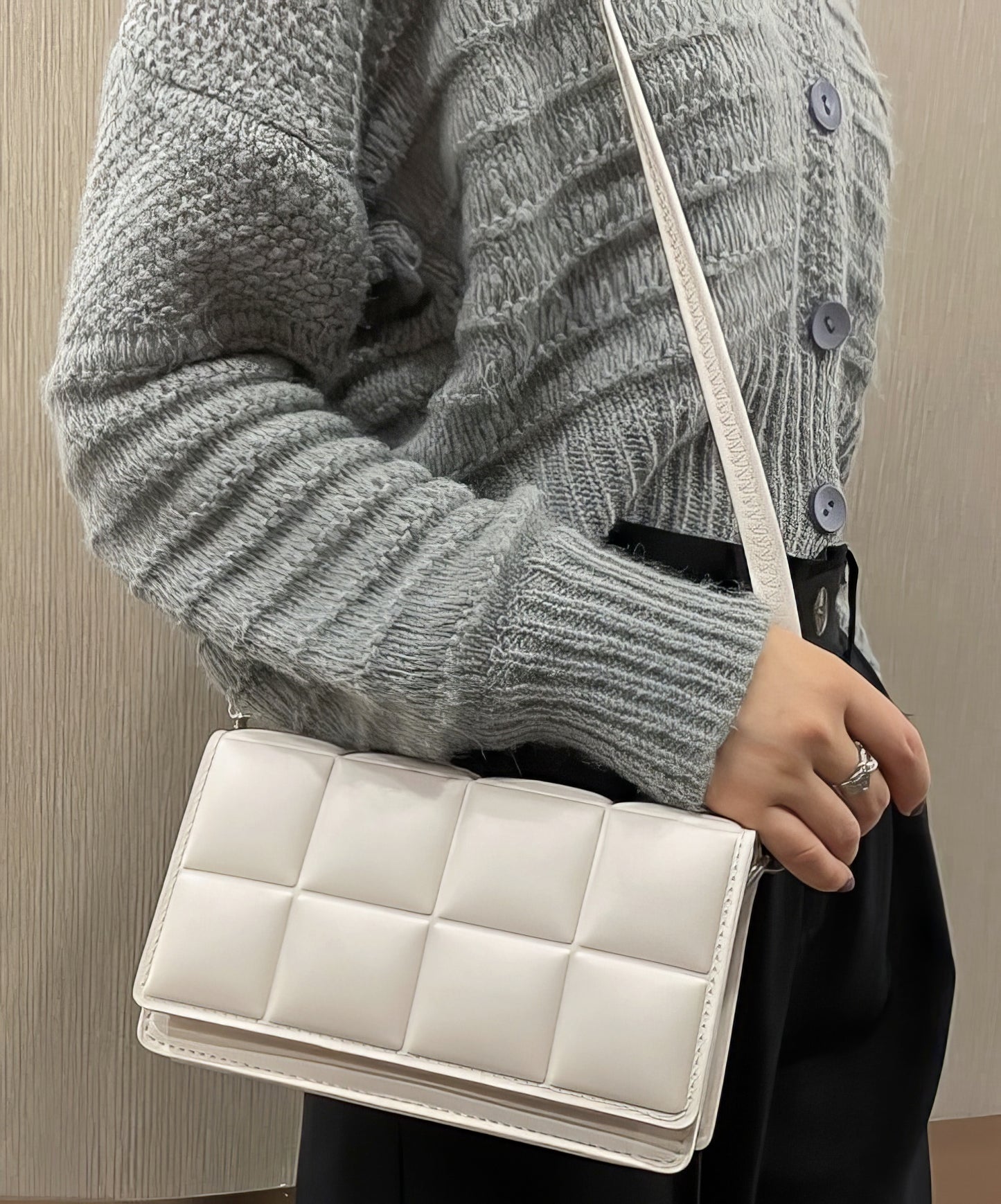 Exquisite Pleated Padded Shoulder Cross-Body Flip Snap Closure Bag with Leather Strap in White