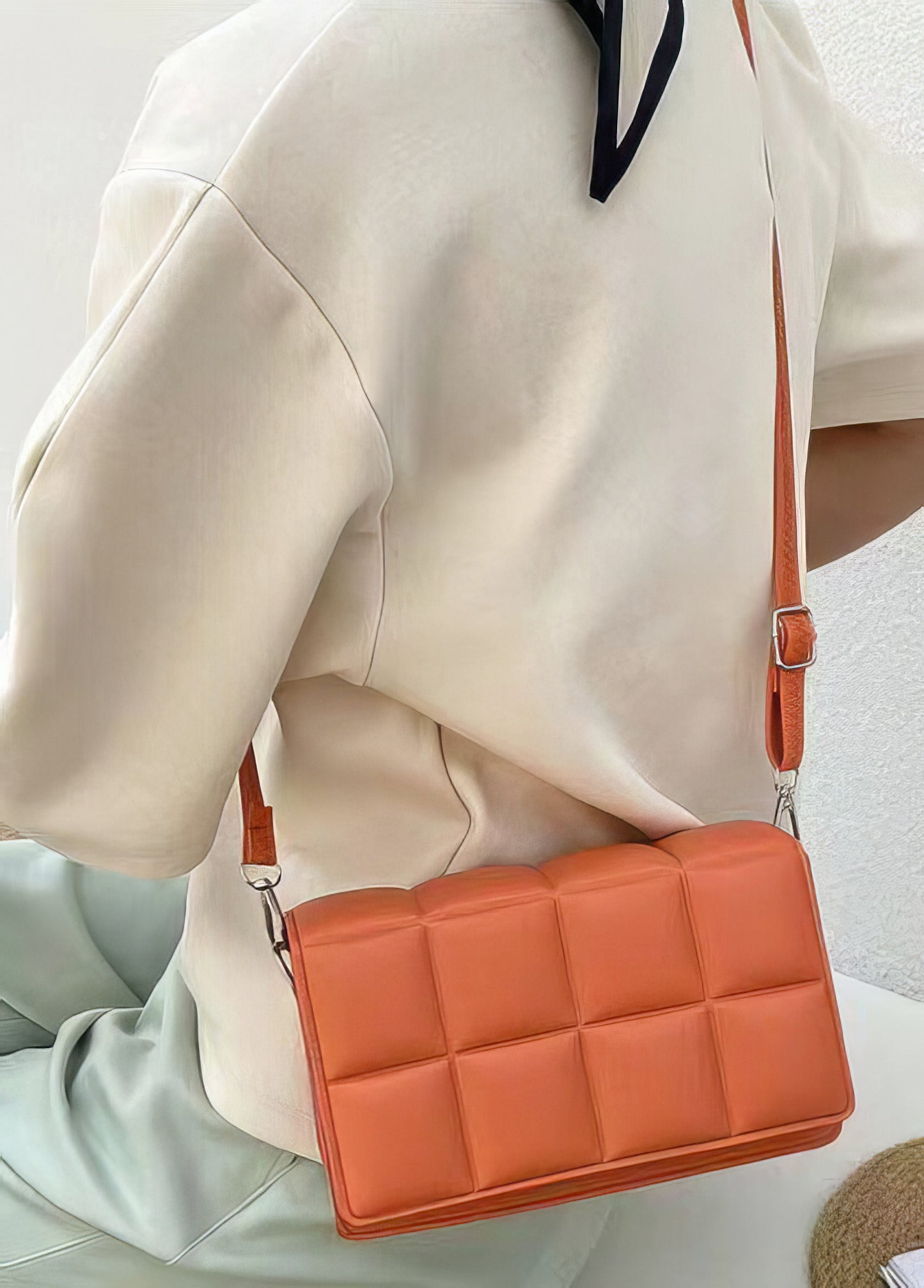 Exquisite Pleated Padded Shoulder Cross-Body Flip Snap Closure Bag with Leather Strap in Coral Orange
