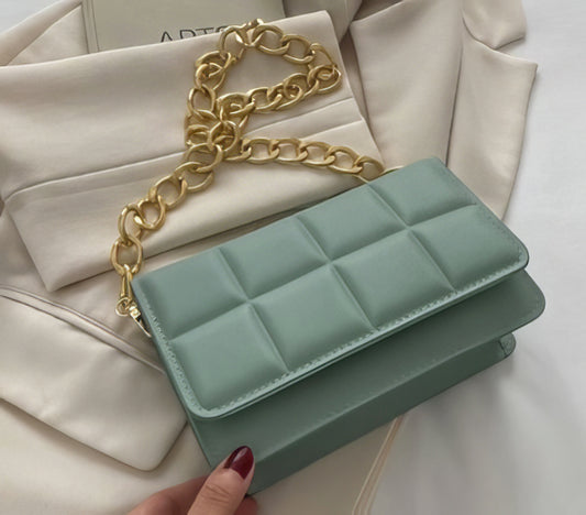 Exquisite Pleated Padded Shoulder Cross-Body Flip Snap Closure Bag with Chain Strap in Mint Green