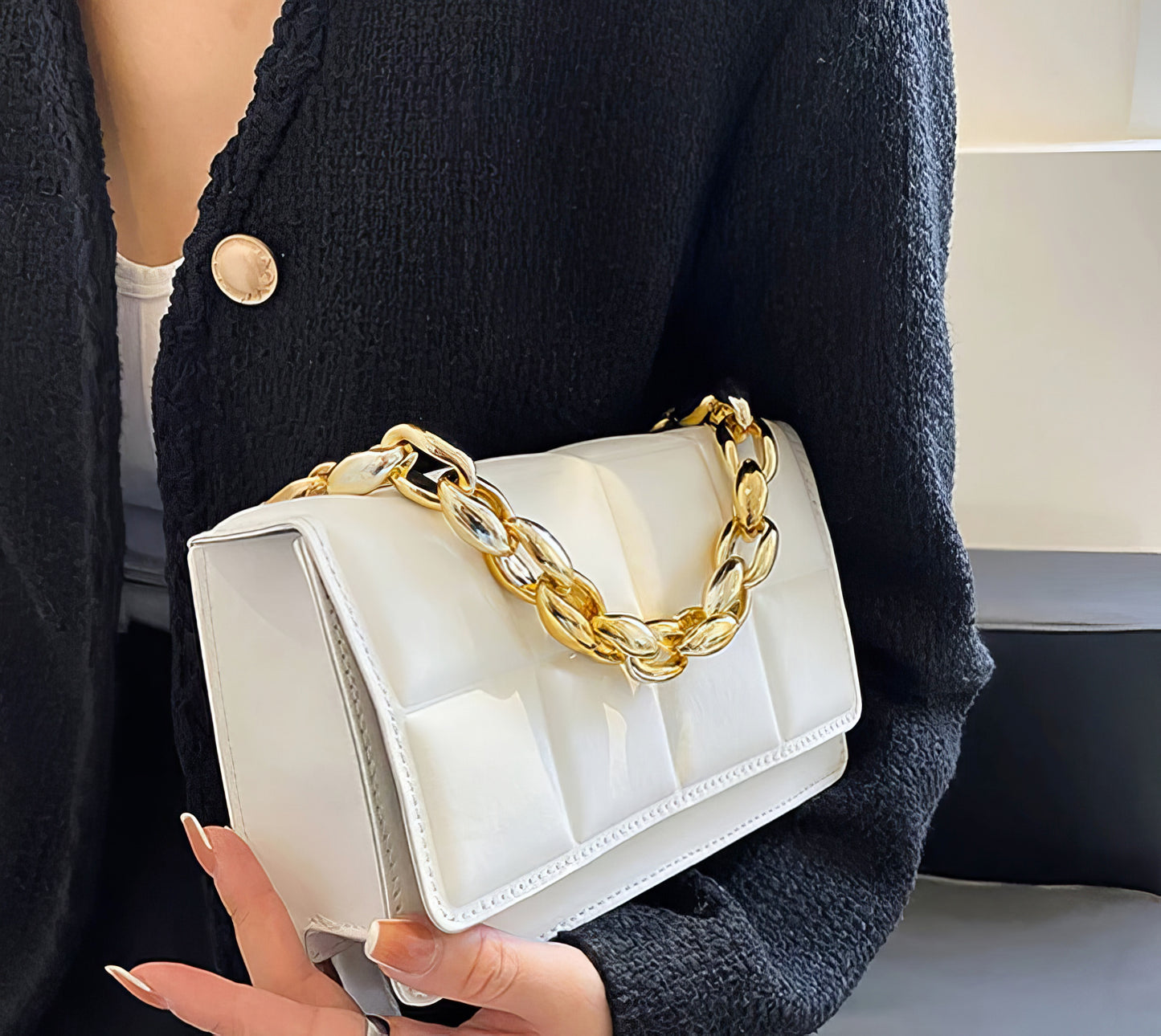 Exquisite Pleated Padded Shoulder Cross-Body Flip Snap Closure Bag with Chain Strap in White