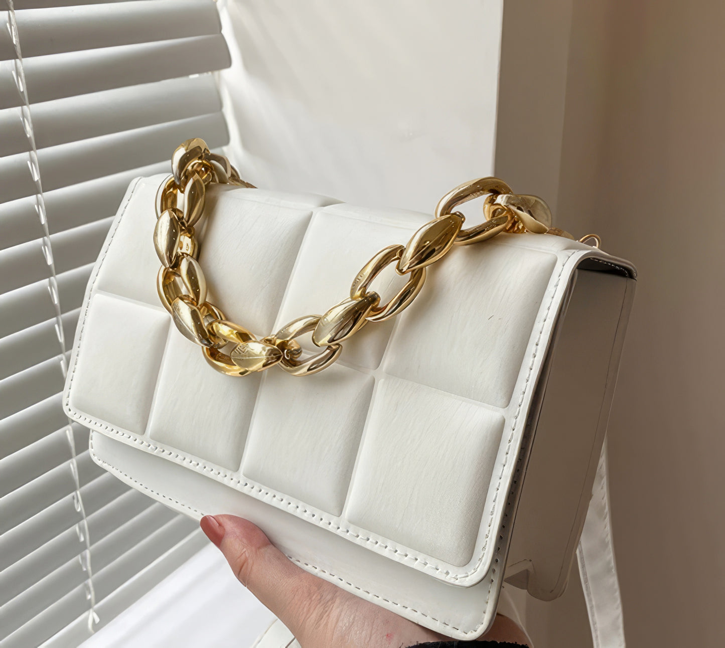 Exquisite Pleated Padded Shoulder Cross-Body Flip Snap Closure Bag with Chain Strap in White