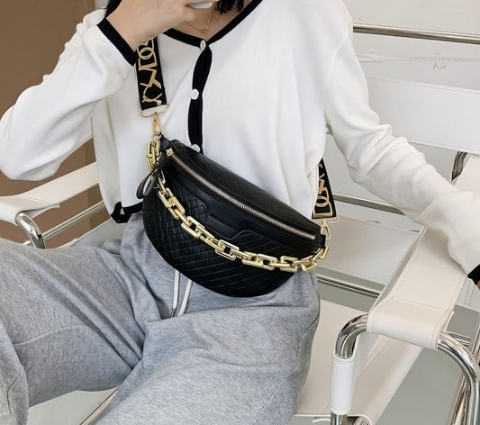 Luxruy Leather  Designer Waist Bag Fanny Pack in Black with Chain