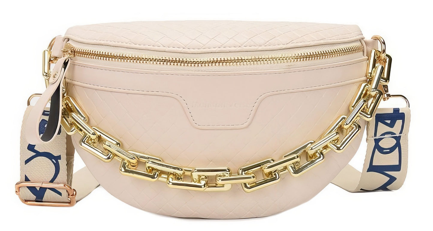 Luxruy Leather  Designer Waist Bag Fanny Pack in White with Chain