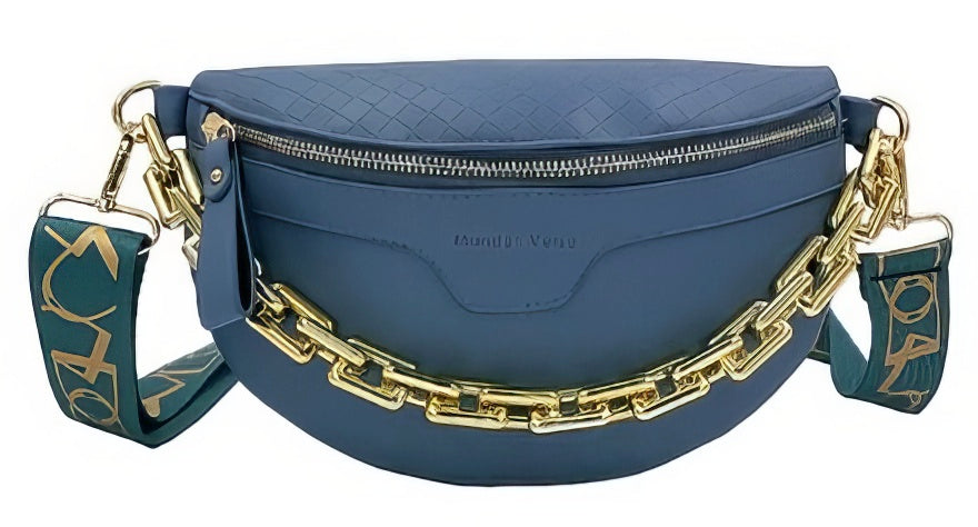 Luxruy Leather  Designer Waist Bag Fanny Pack in Cobalt  with Chain