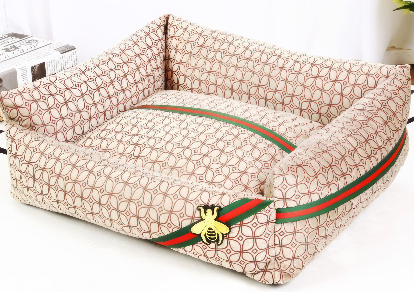 Gucchewi Bee Logo Striped Dog Bed