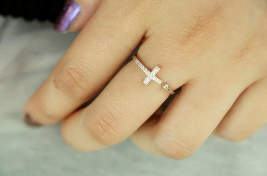 925 Sterling Silver CZ Stone Cross Adjustable Ring in Gold