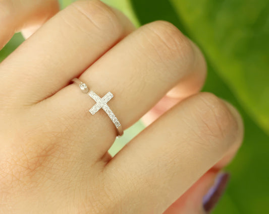 925 Sterling Silver CZ Stone Cross Adjustable Ring in Silver