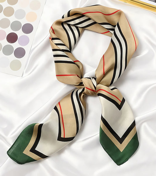 Multifunction Polyester Silk Elegant Striped Scarf 70x70cm in Green Gold & White