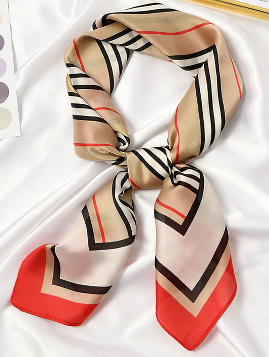 Multifunction Polyester Silk Elegant Striped Scarf 70x70cm in Red Gold & White