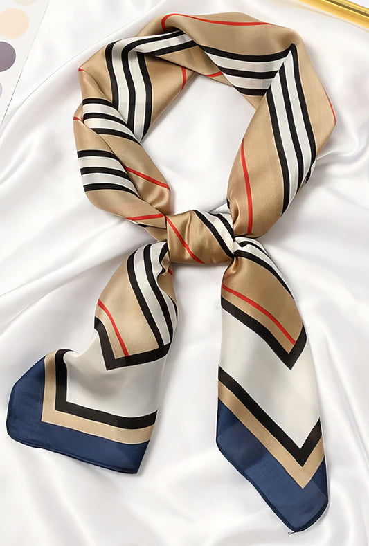 Multifunction Polyester Silk Elegant Striped Scarf 70x70cm in Blue Gold & White
