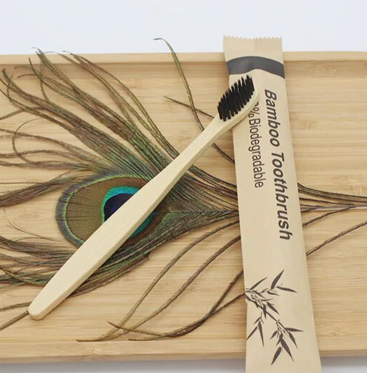 All Natural Bamboo Toothbrush with Charcoal Bristles in Brown