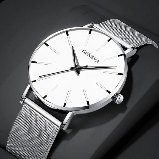 Mens Ultra Thin Quartz Watch White Face with Silver Metal Mesh Band