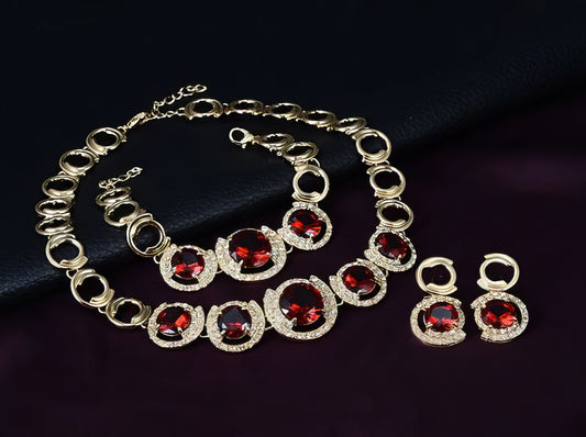 Crystal Red Zircon Pendant Necklace Bracelet Earrings Ring Wedding Bridal Set