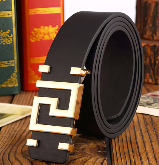 Greek Key Leather Belt for Man or Woman in Black