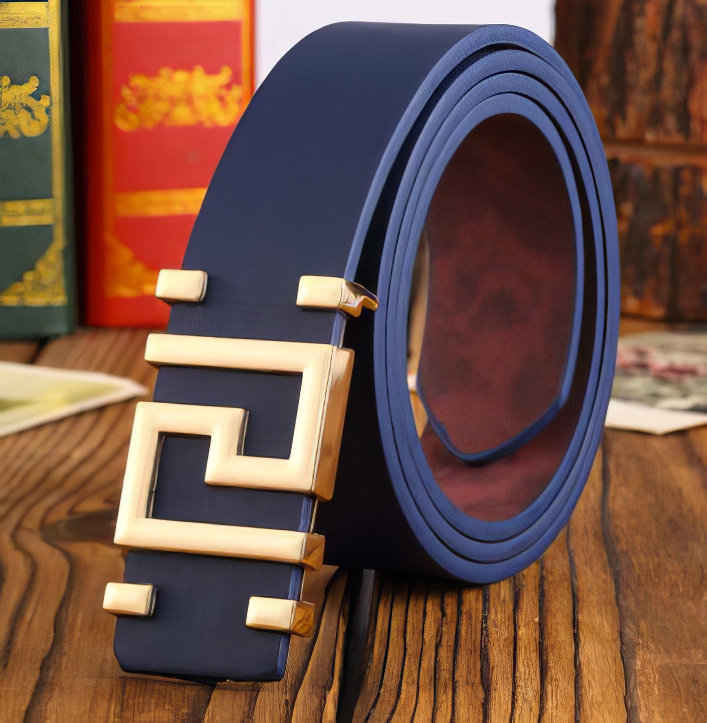 Greek Key Leather Belt for Man or Woman in Navy