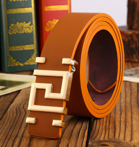 Greek Key Leather Belt for Man or Woman in Caramel