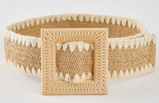 Bohemian Square Buckle Braided Straw Elastic Belt in Natural