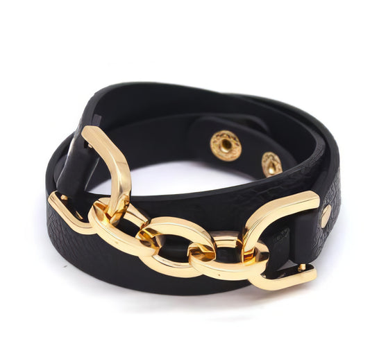 Fashion Leather and Chain Bracelets in Black and Gold