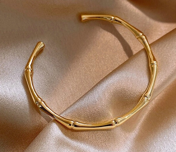 Metal Bamboo Shaped Open Bangle Bracelet in Gold