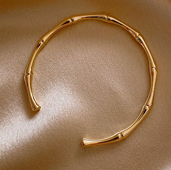 Metal Bamboo Shaped Open Bangle Bracelet in Gold