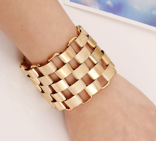 Wide Checker Pattern Gold Tone Bracelet, Cuff, Bangle Textured