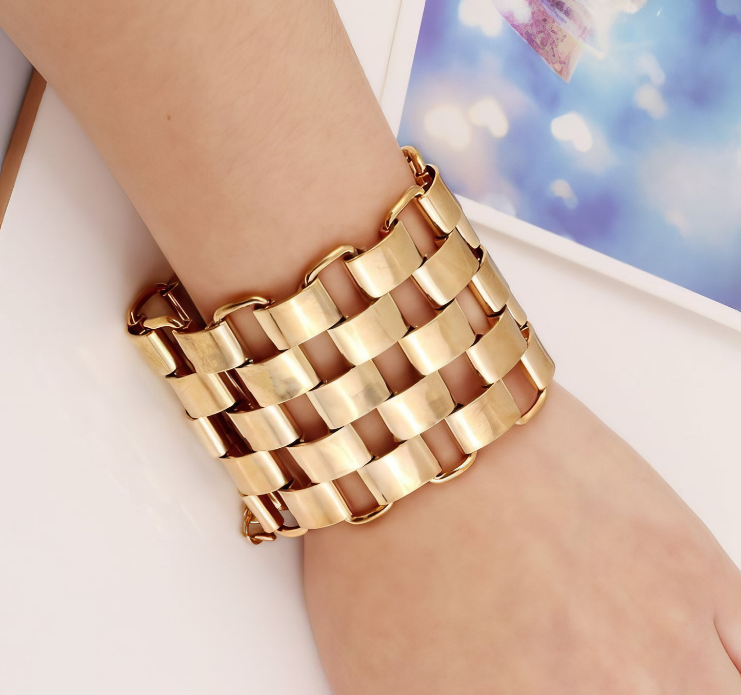 Wide Checker Pattern Gold Tone Bracelet, Cuff, Bangle Smooth Finish