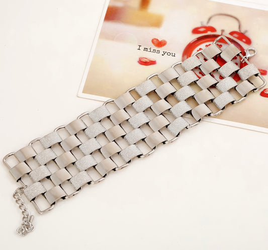 Wide Checker Pattern Silver Tone Bracelet, Cuff, Bangle Textured