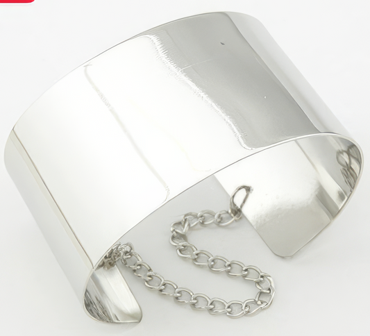 Metallic Silver Chained Wide Bracelet Bangle in Silver