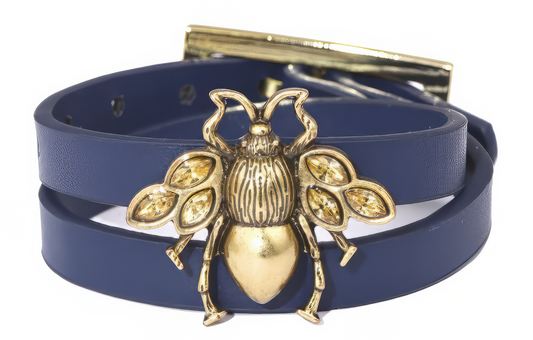 Crystal Bee Charm Leather Wrap Bracelet with buckle closure in Navy and Gold