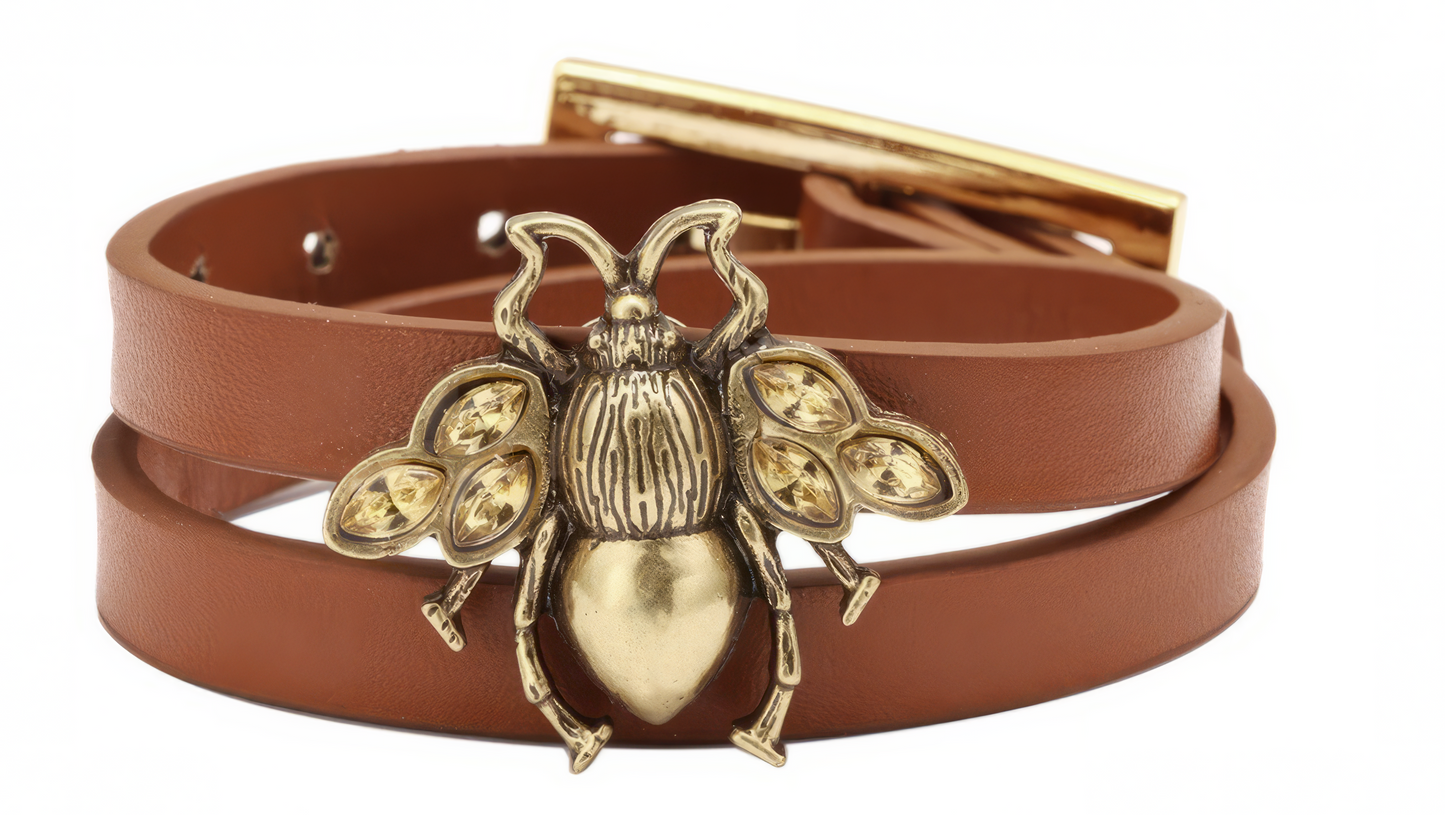 Crystal Bee Charm Leather Wrap Bracelet with buckle closure in Butterscotch and Gold