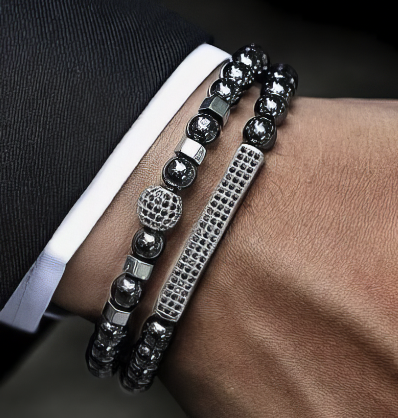 Hematite Beaded Luxury Fashion Bracelet in Black and Silver