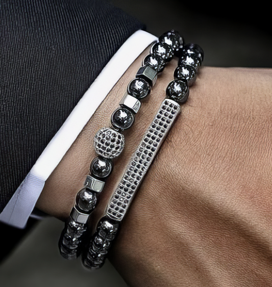 Hematite Beaded Luxury Fashion Bracelet in Black and Silver