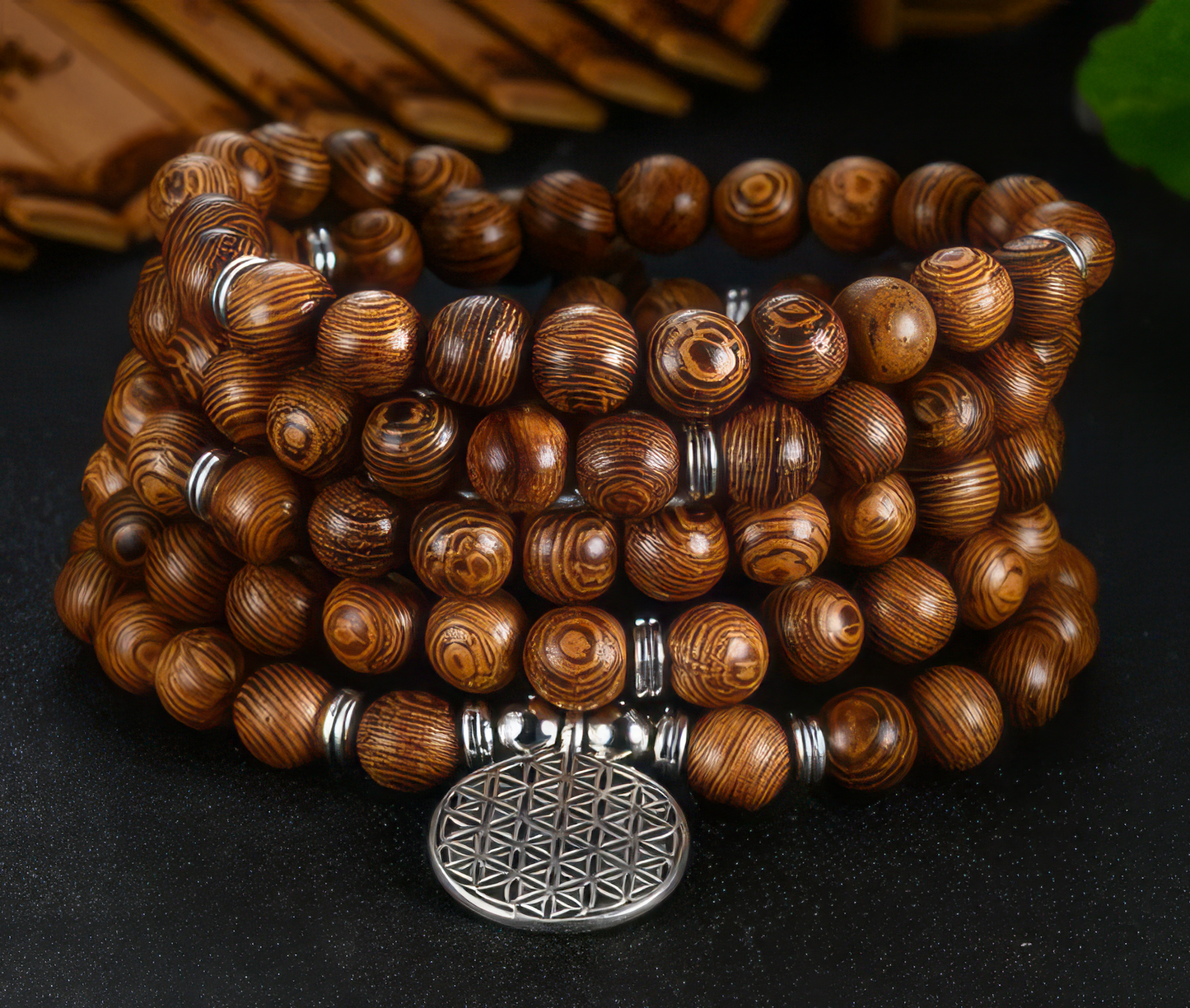 Tibetan Flower of Life Wooden Bracelet in Brown and Silver