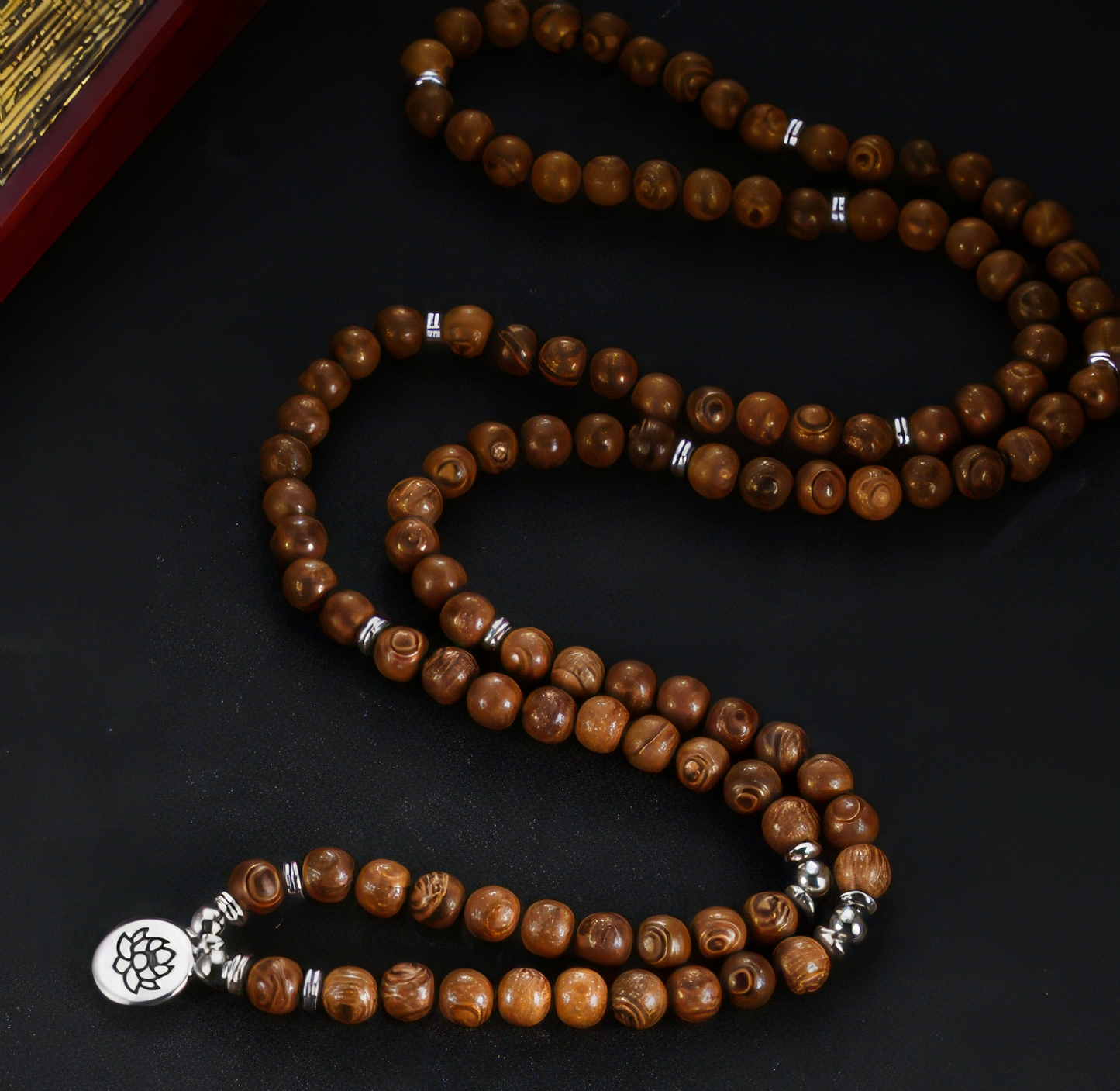 Tibetan Flower of Life Wooden Bracelet in Brown and Silver