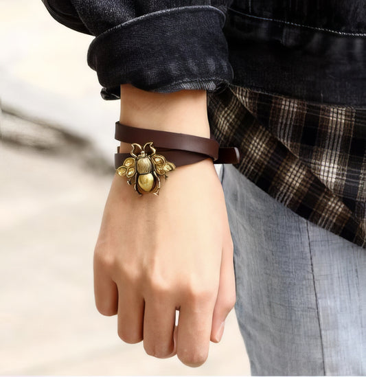 Crystal Bee Charm Leather Wrap Bracelet with buckle closure in Umber and Gold