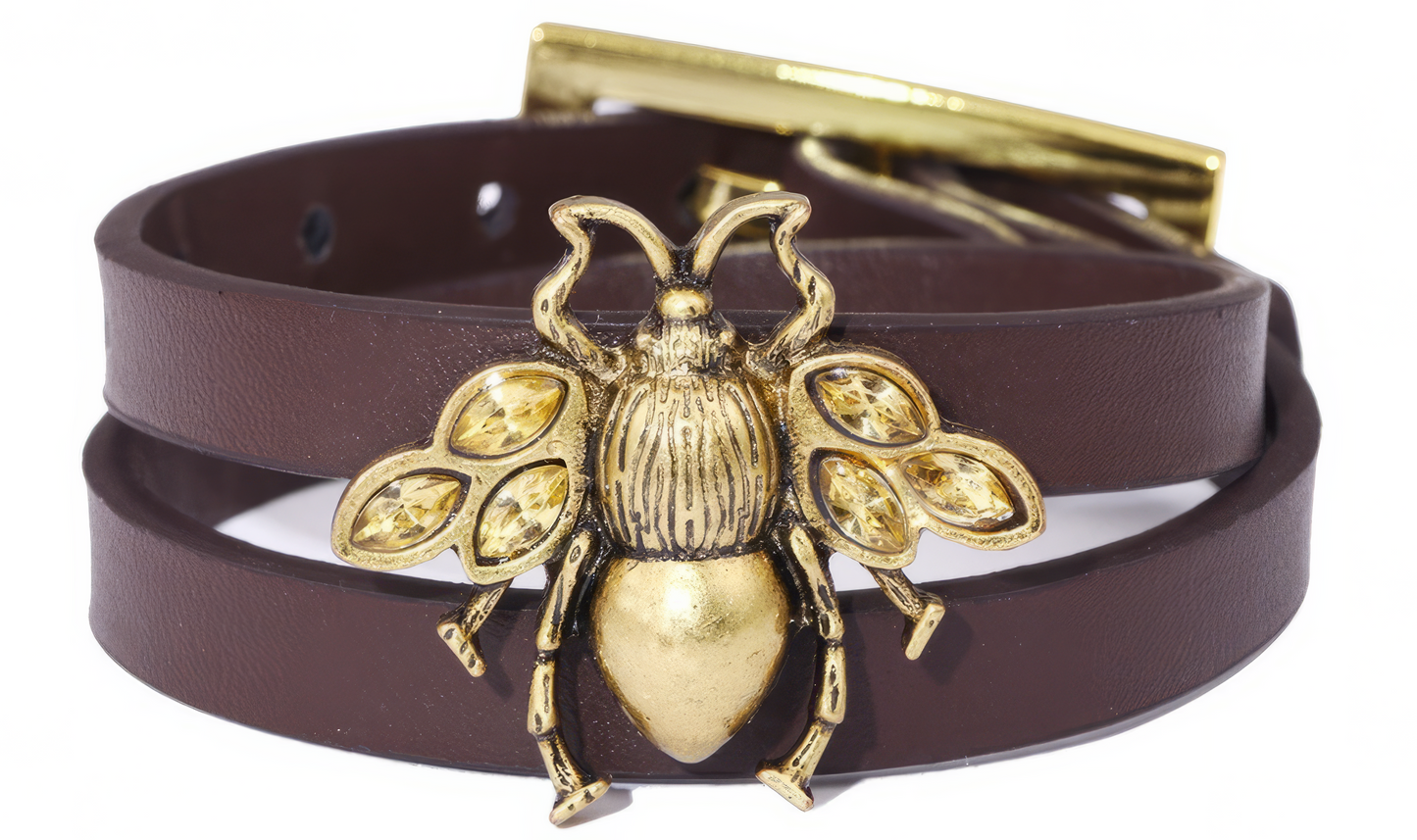 Crystal Bee Charm Leather Wrap Bracelet with buckle closure in Umber and Gold