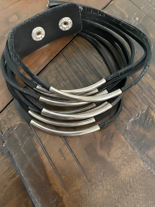 Leather Rope Bracelet in Black and Silver