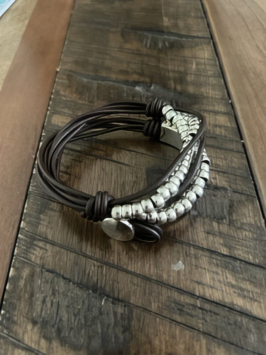 Bohemian Vintage Handmade Multilayer Wrap Leather Beaded Bracelet in Umber and Silver