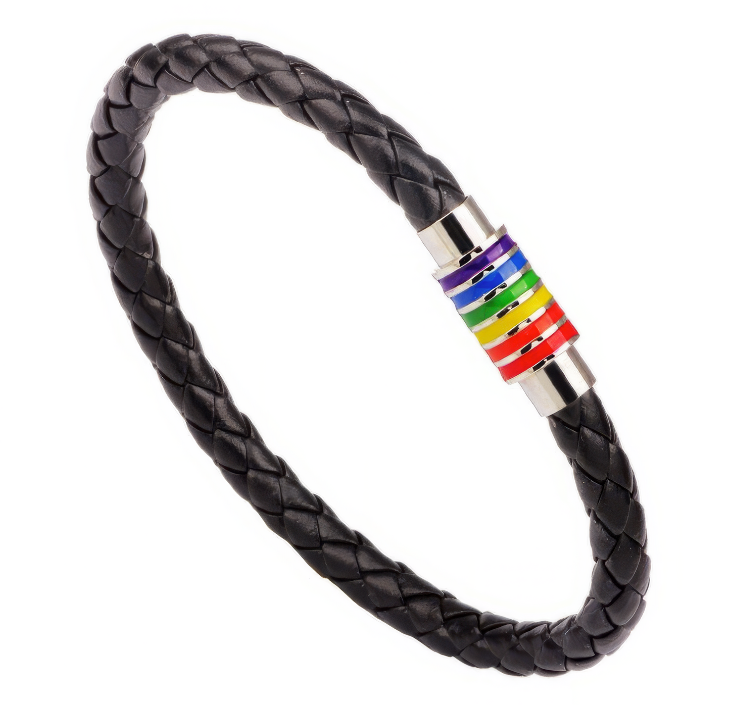 Rainbow Leather Braided Stainless Steel Bracelet in Black Silver and Multi