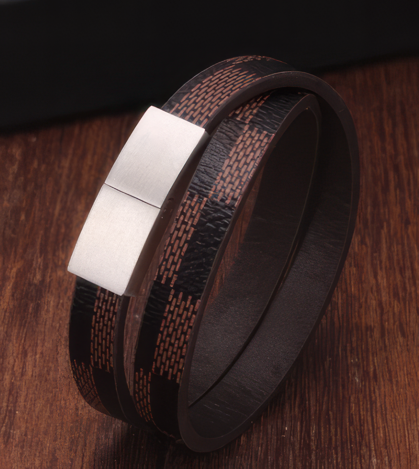 Checkered Texture Genuine Leather with Stainless Steel Magnetic Latch Bracelet in Brown